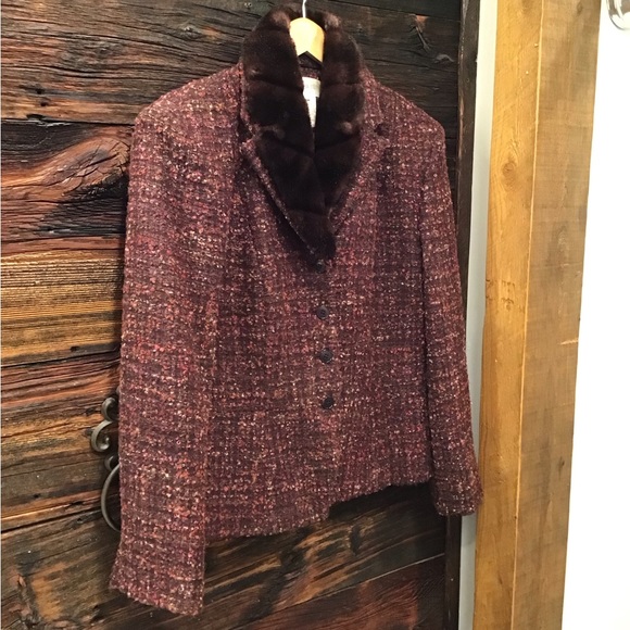 Vintage Jones NY Womens Tweed Wool Blazer Size L Faux Fur Collar Boucle Jacket - Picture 4 of 16